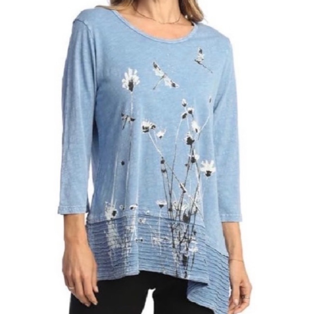 Jess & Jane Tunic Top Size L Blue NWT Dragonfly Asymmetrical Hem Art to Wear